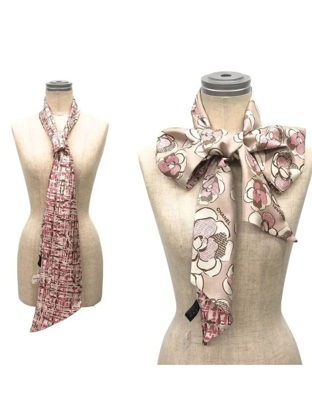Chanel Thai Scarf Ribbon Camellia Tweed Flower Pink Beige Reversible Silk
